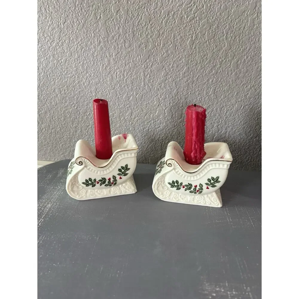 2 FORMALITIES BY BAUM BROS. HOLLY & BERRIES SLEIGH TAPPERED CANDLE HOLDERS